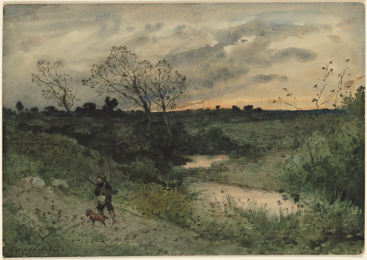 Morgendämmerung—Jäger mit Hund von Henri Joseph Harpignies