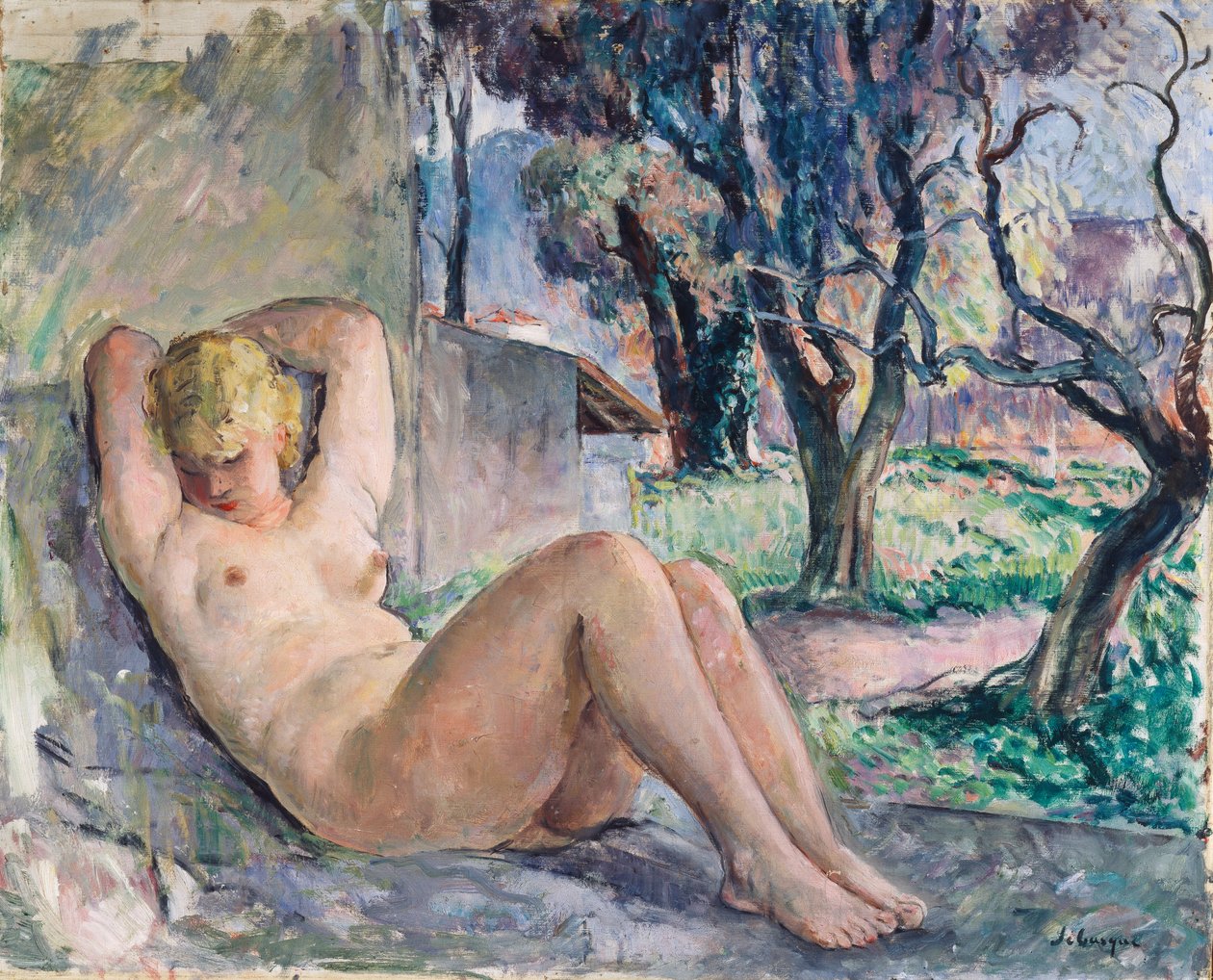 Akt liegend in einem Garten, ca. 1934 von Henri Lebasque