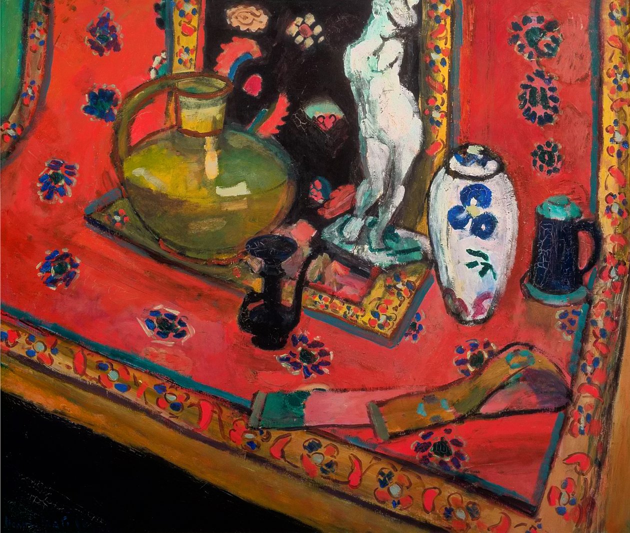 Statuette und Vasen auf einem orientalischen Teppich von Henri Matisse