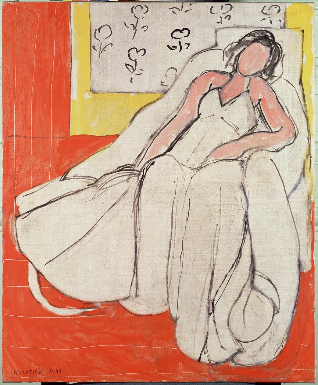 Junge Frau in Weiß mit rotem Hintergrund von Henri Matisse
