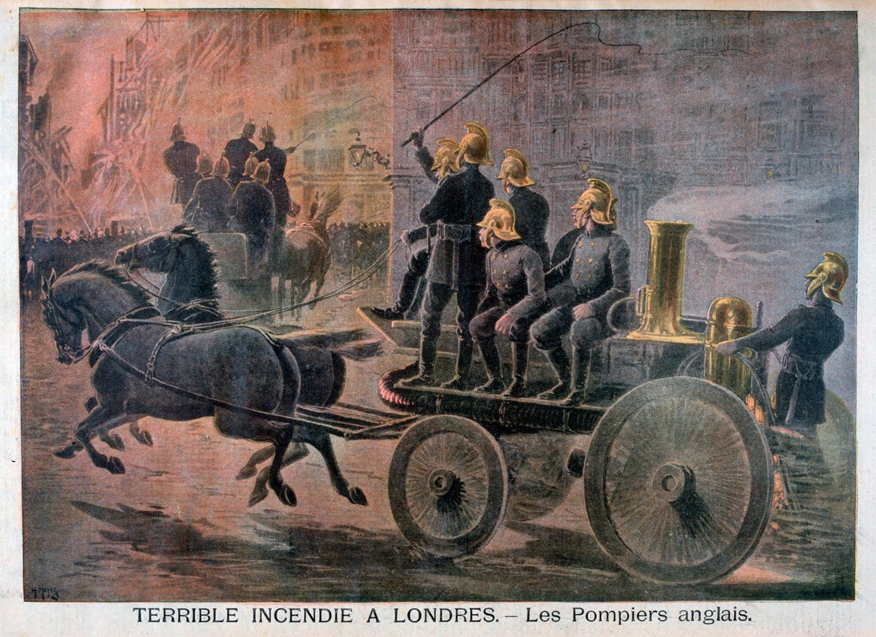 Englische Feuerwehrleute auf dem Weg zu einem Notfall, 1897 von Henri Meyer