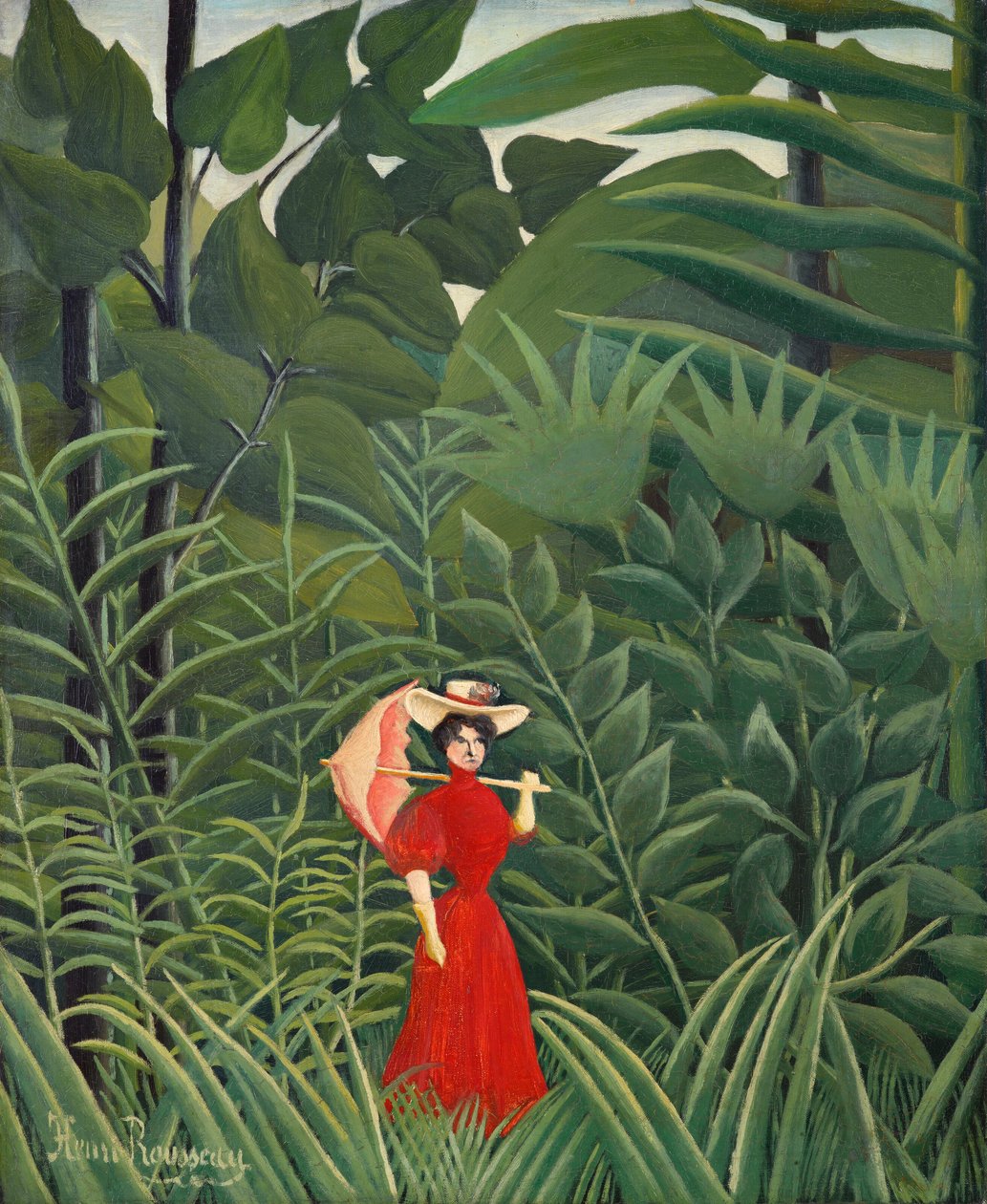 Frau in Rot im Wald von Henri Rousseau