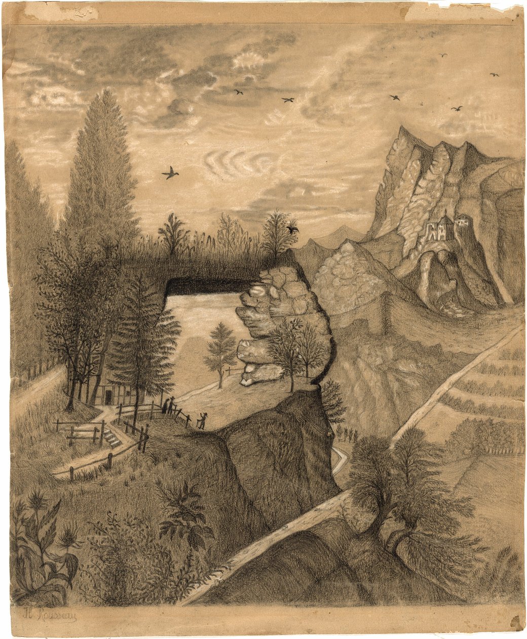 Wanderer steigen zu einer Berghütte auf von Henri Rousseau