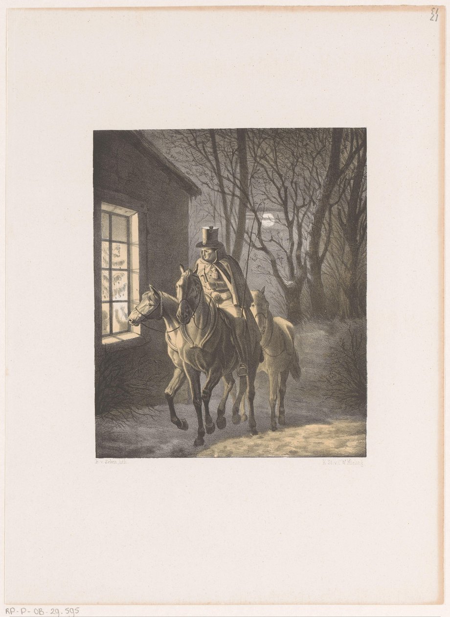 Mann zu Pferd reitet an Haus vorbei von Henri van Seben