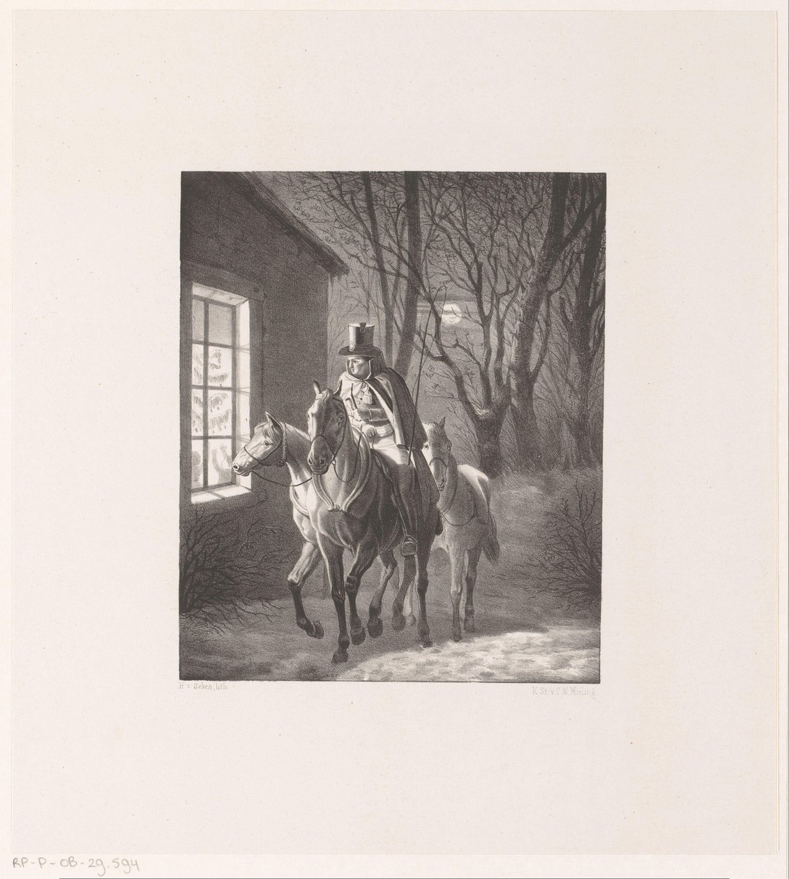 Mann zu Pferd reitet an einem Haus vorbei von Henri van Seben