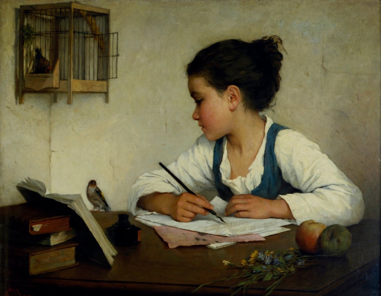 Ein Mädchen schreibt; Der Haustier-Goldfink von Henriette Browne