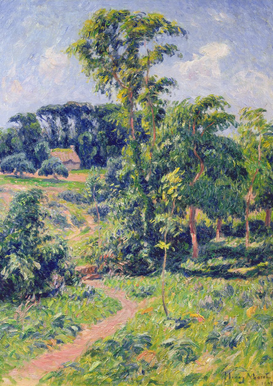 Landschaft mit Bäumen und einem Weg, der zu einem Cottage führt von Henry Moret