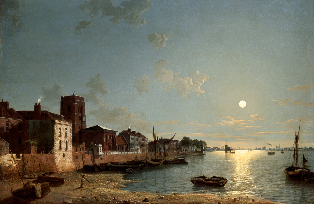 Cheyne Walk in Chelsea, bei Mondschein, ca. 1850 von Henry Pether