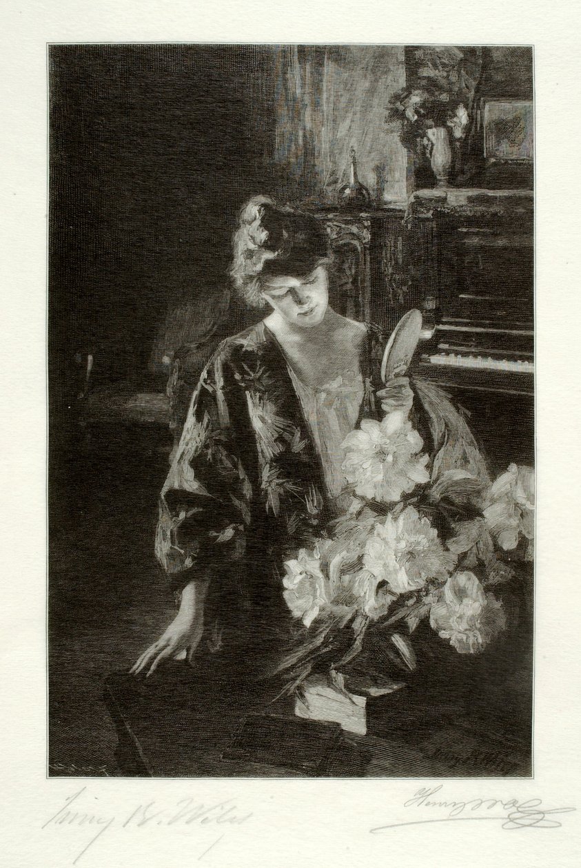 Mädchen und Pfingstrosen (Der Handspiegel) von Henry Wolf