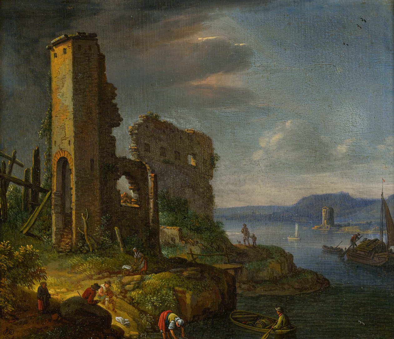 Flusslandschaft mit Ruinen, Booten und Figuren von Herman Saftleven