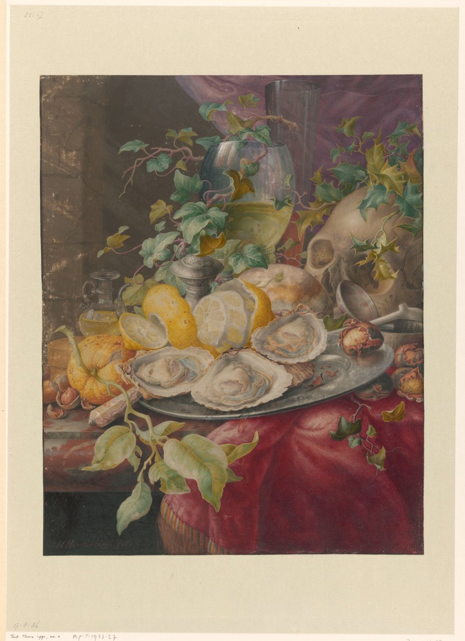 Vanitas-Stillleben mit Austern und Schädel von Herman Henstenburgh