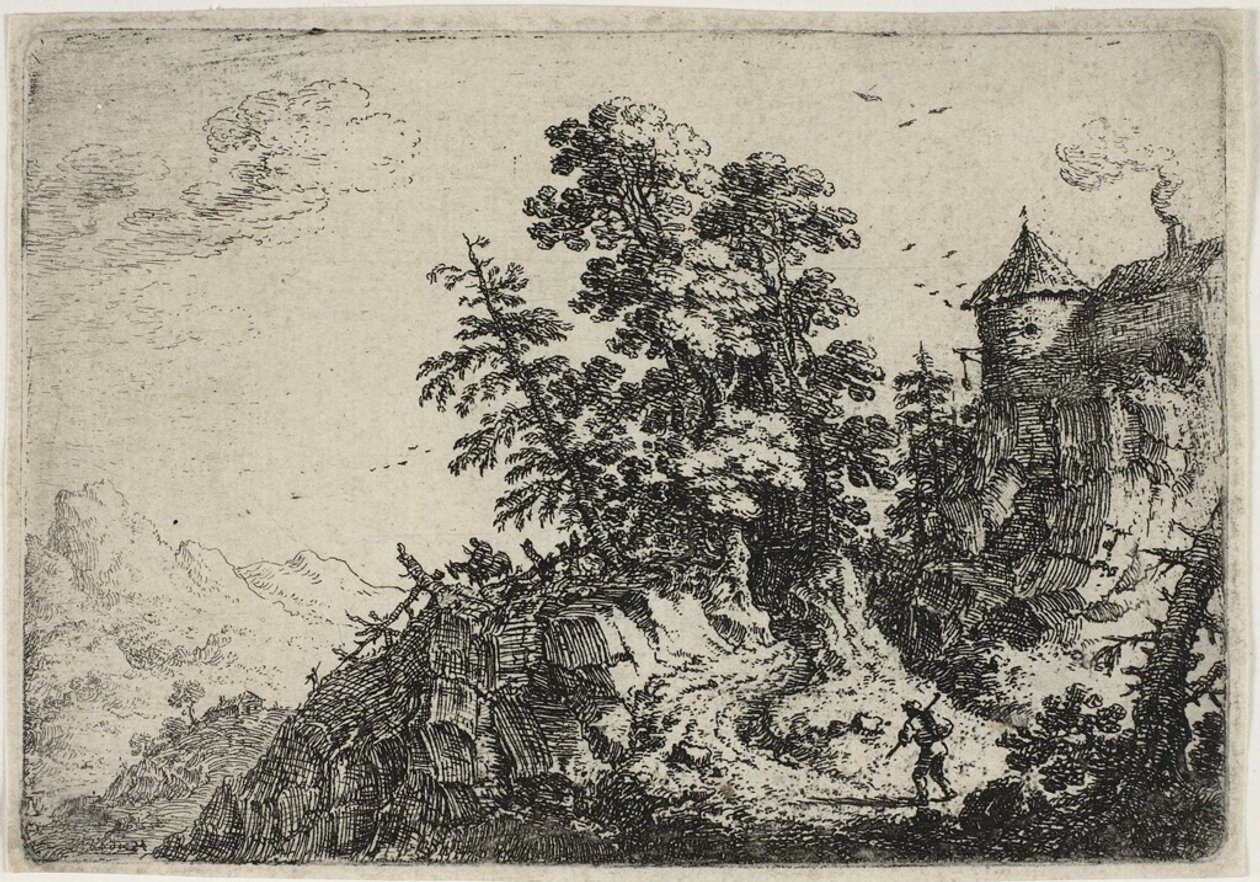 Reisende auf gewundener Straße, aus Sechs Landschaften von Herman Saftleven