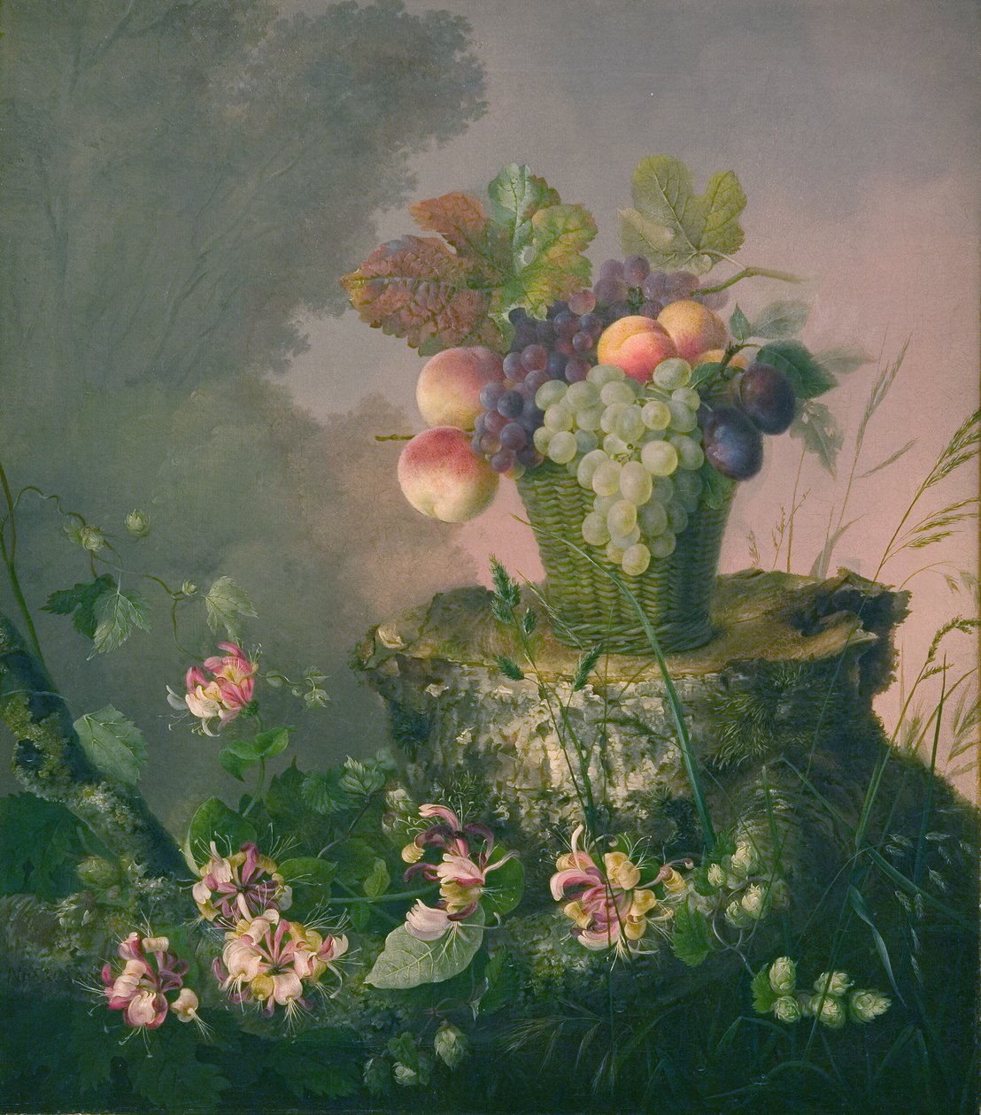 Blumenkorb mit Früchten bei einem Baumstumpf von Hermania Neergaard