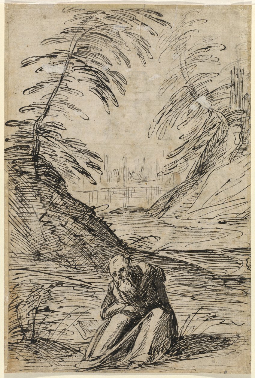 Wüstenlandschaft mit einem Einsiedler (verso) von Hermann Weyer