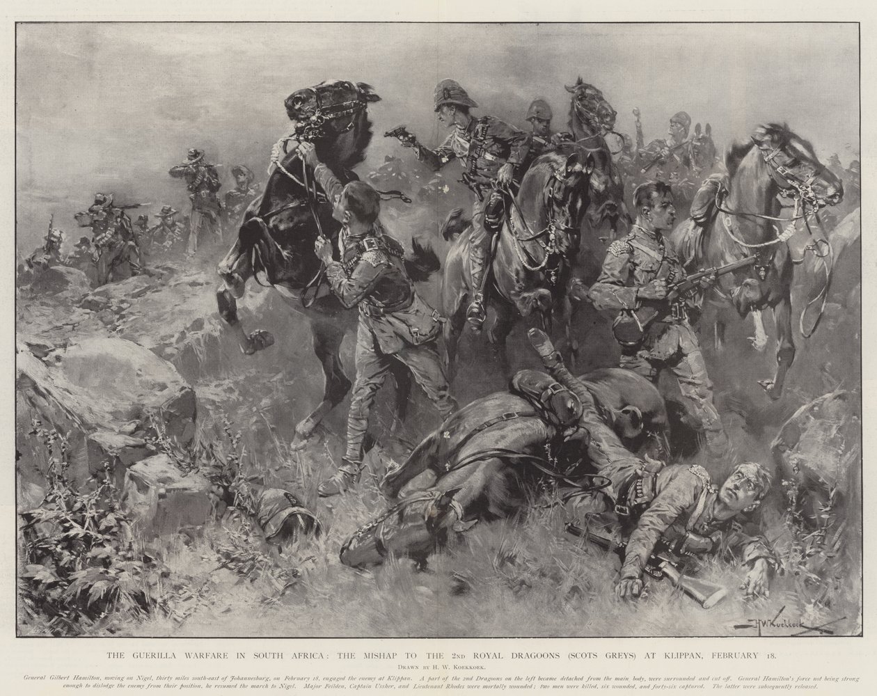 Der Guerillakrieg in Südafrika, das Missgeschick der 2. Royal Dragoons (Scots Greys) bei Klippan, 18. Februar von Hermanus Willem Koekkoek