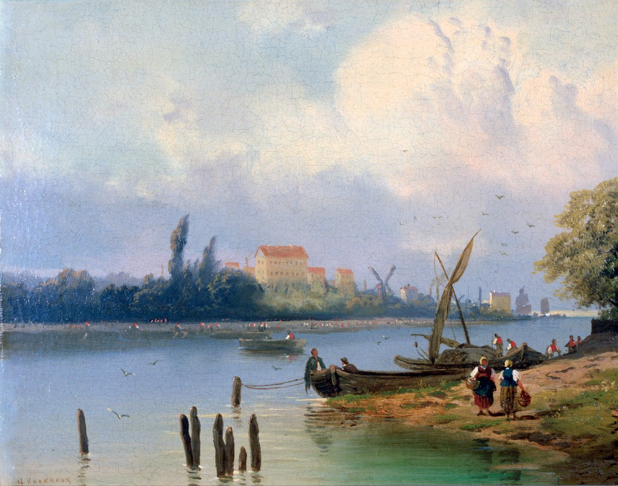 Menschen bei den Booten in Holland, ca. 1835-1882 von Hermanus Koekkoek