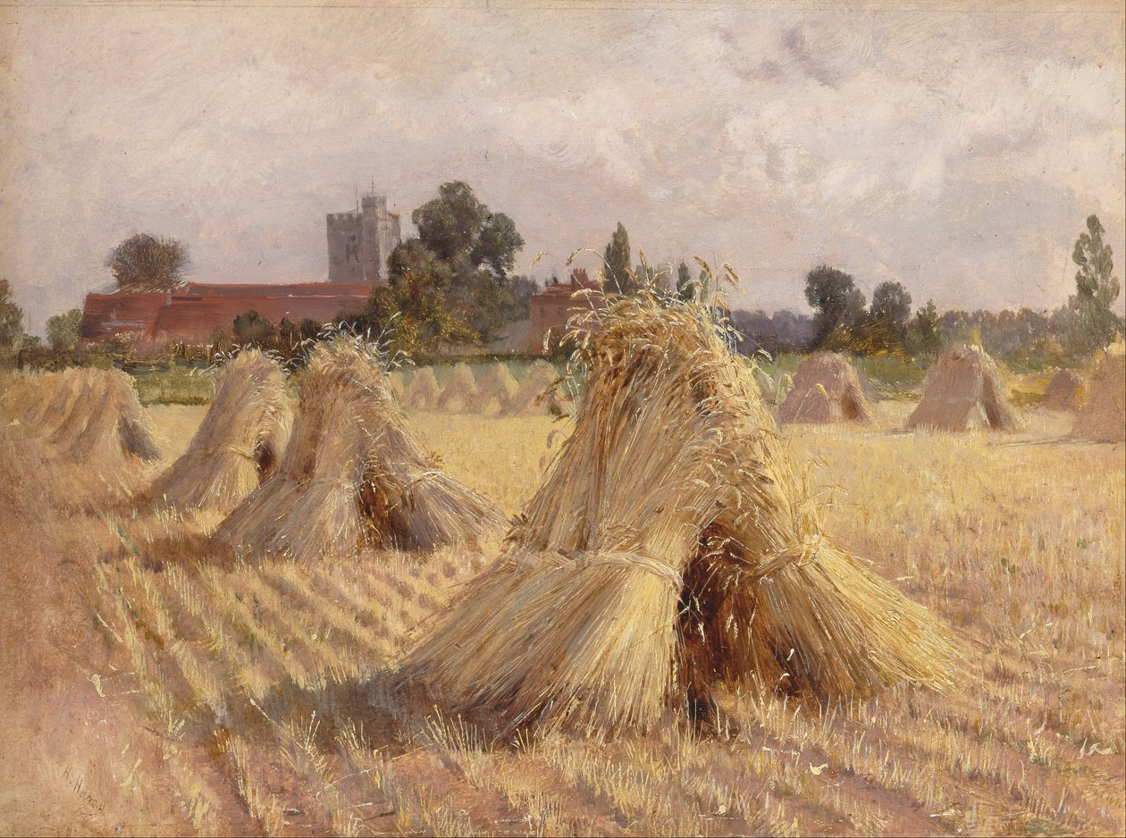 Getreidehaufen bei der Kirche von Bray von Heywood Hardy
