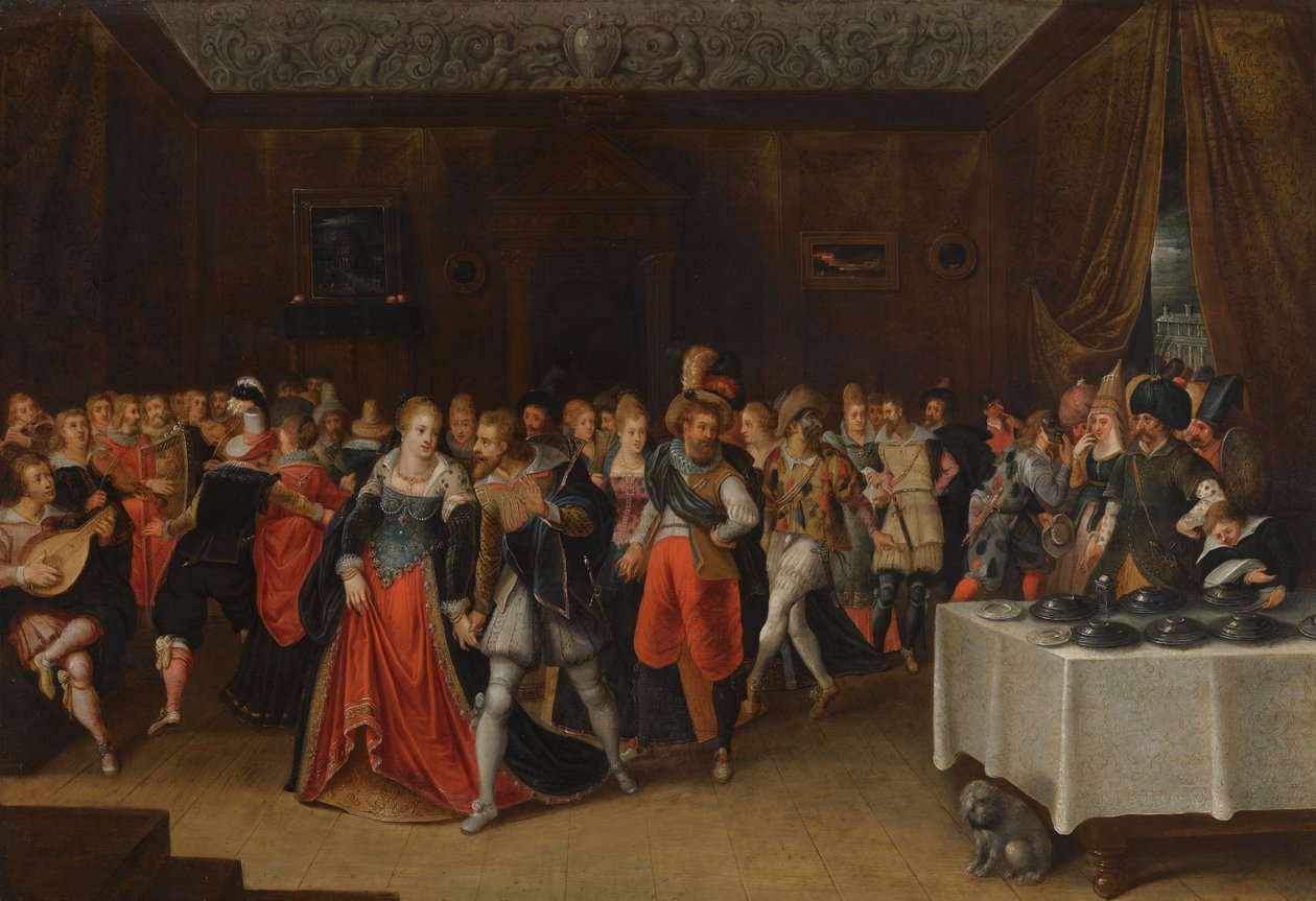 Eine Innenszene mit eleganten Figuren bei einer Hochzeit von Hieronymous Francken II