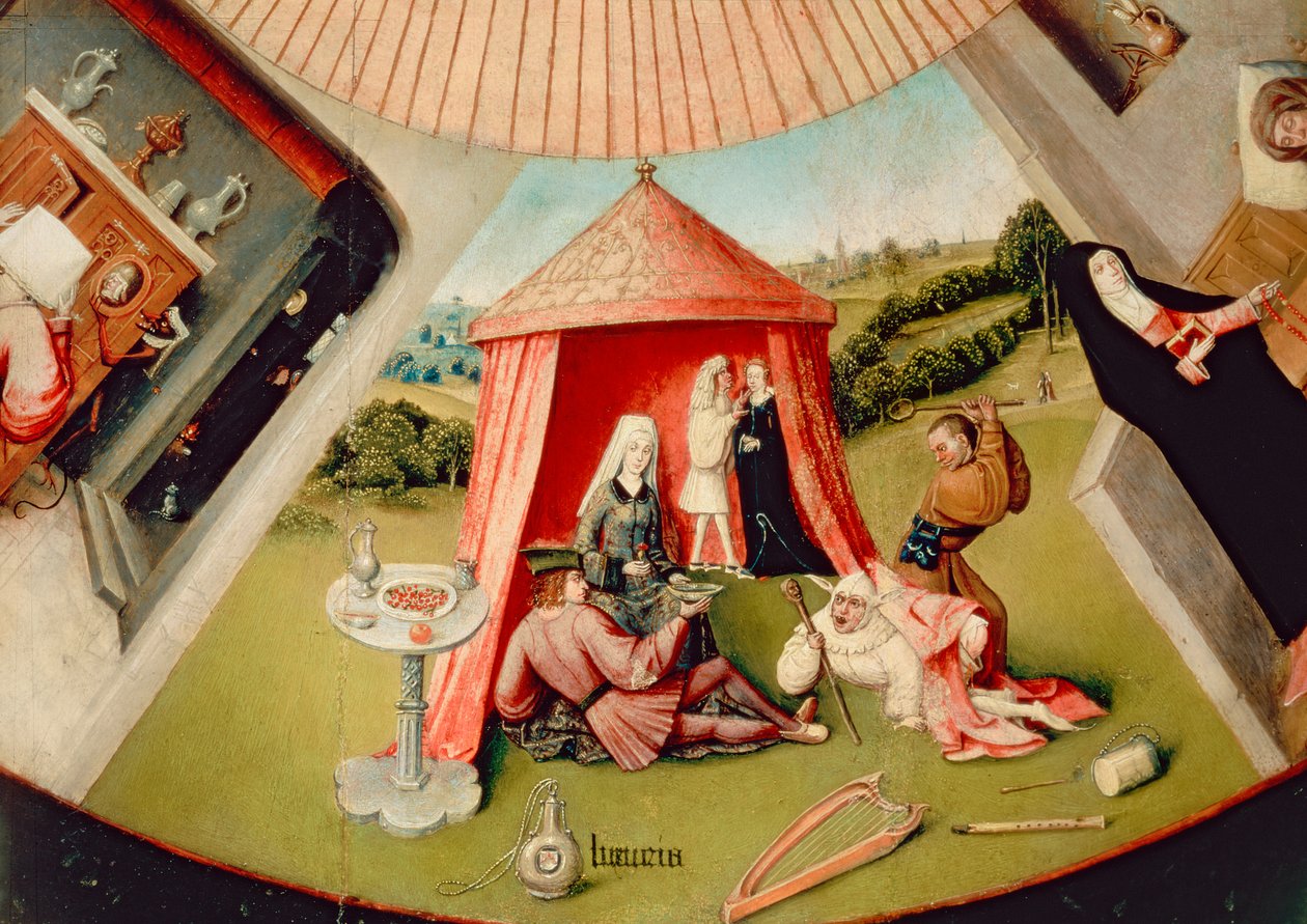 Luxus, Detail aus Der Tisch der sieben Todsünden und der vier letzten Dinge, um 1480 (Detail) von Hieronymus Bosch