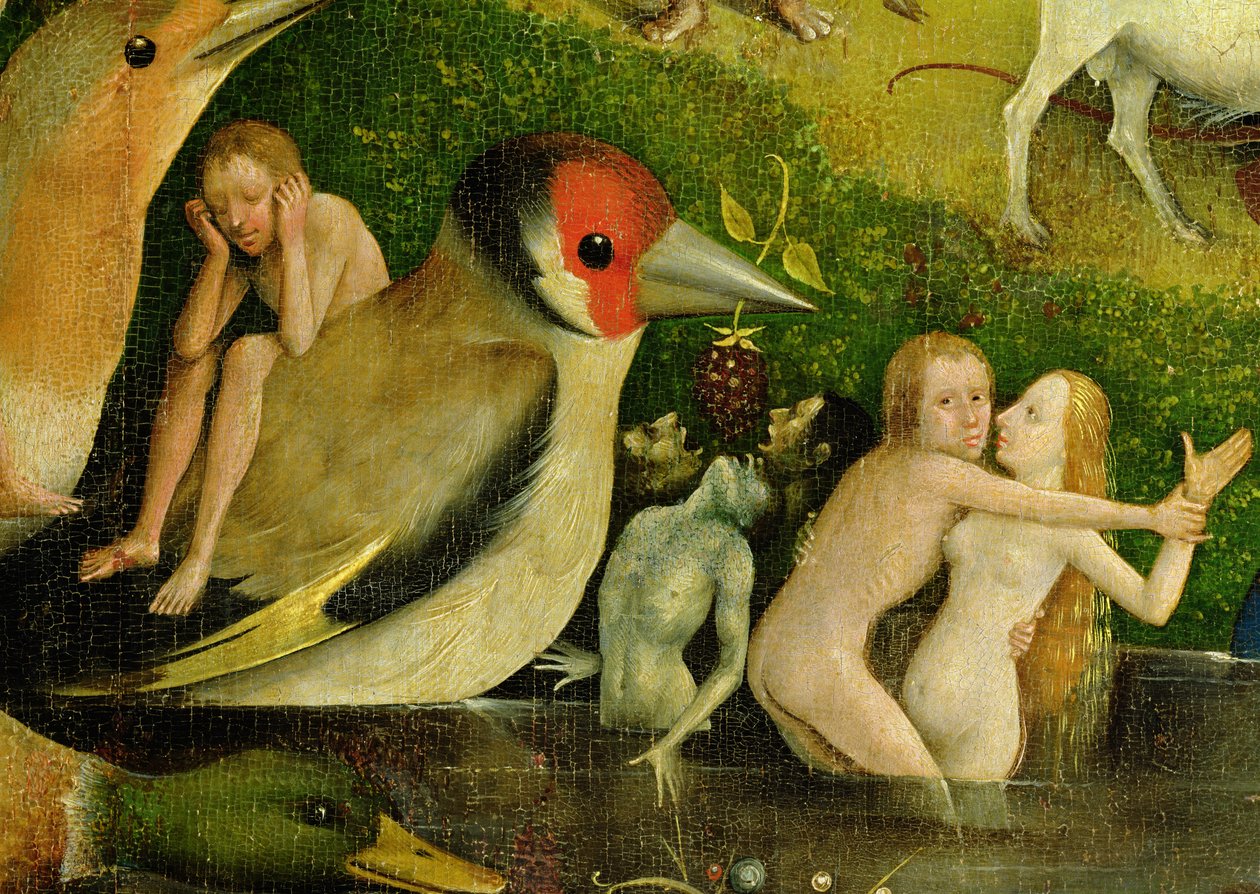 Der Garten der Lüste: Allegorie des Luxus, mittleres Panel des Triptychons, Detail eines Paares im Wasser und eines Vogels, um 1500 (Detail) von Hieronymus Bosch