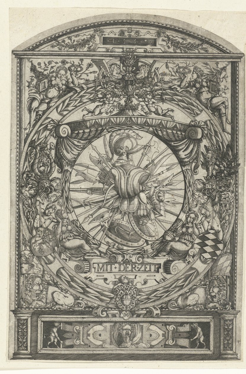 Medaillon mit Waffentrophäe in ornamentaler Umrahmung von Hieronymus Wechinger