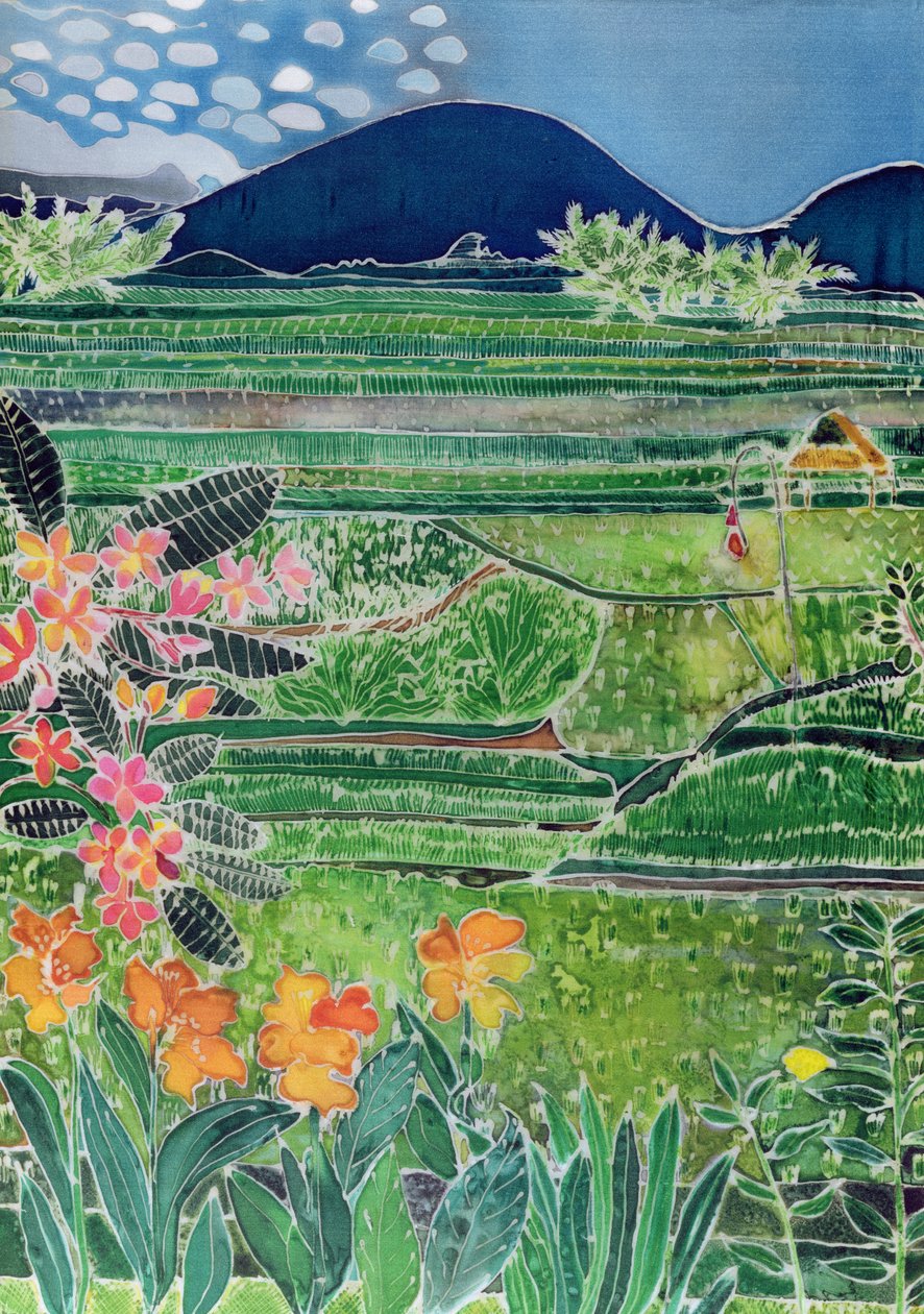 Lovina-Reisfelder mit Lilien und Frangipani, Bali, 1996 von Hilary Simon