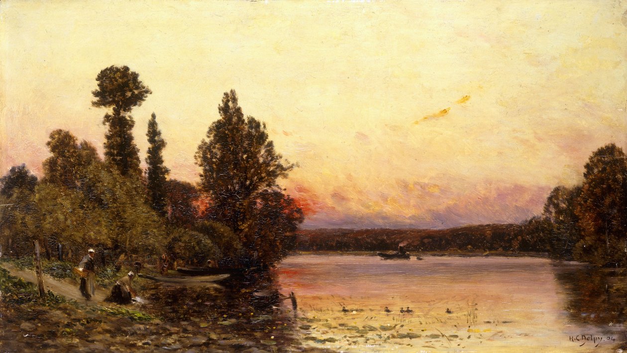 Sonnenuntergang, am Flussufer, 1904 von Hippolyte Camille Delpy