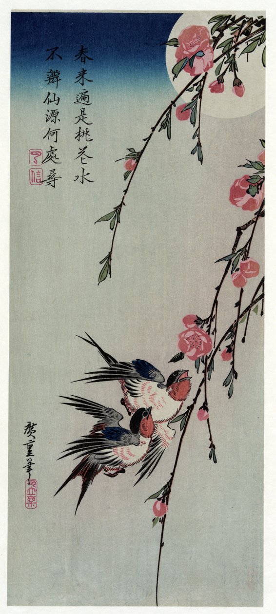 Gekka Momo ni Tsubakura (Mond, Schwalben und Pfirsichblüten) von Utagawa Hiroshige