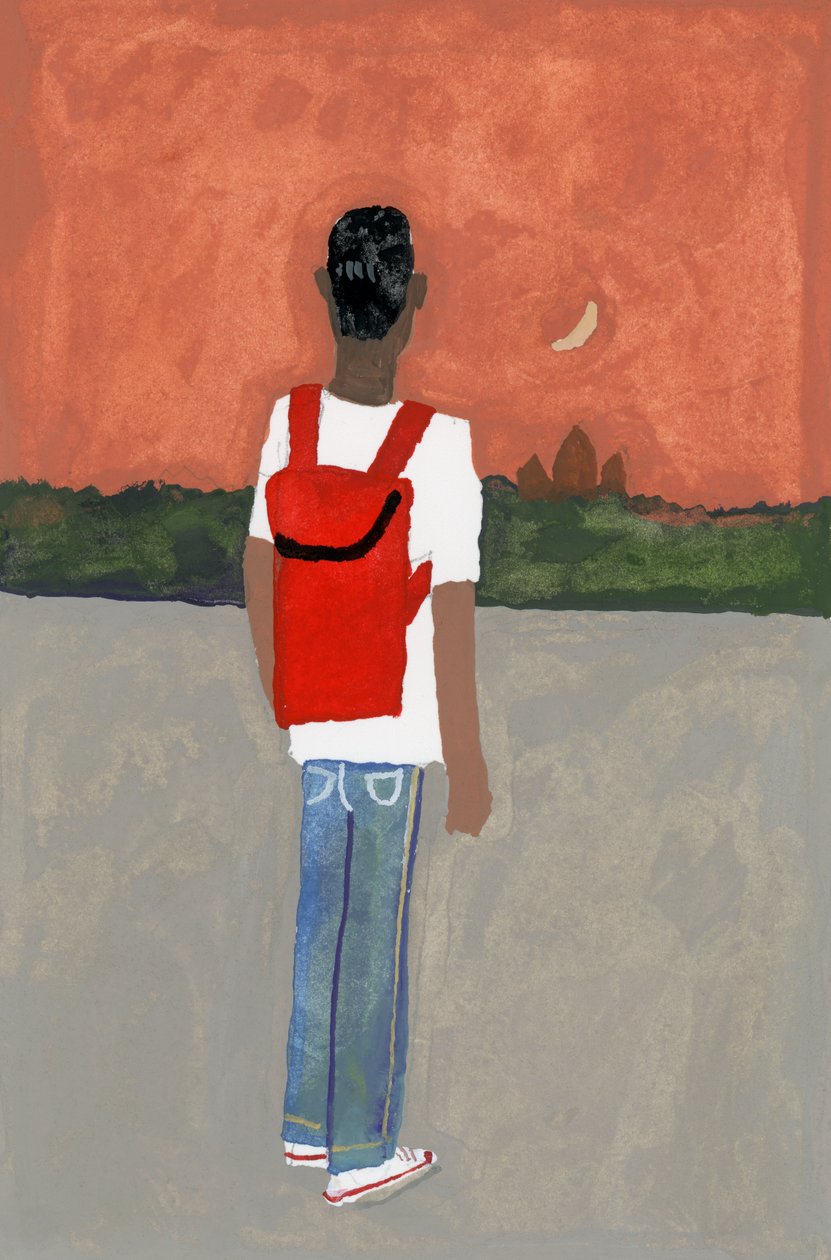 Ein Reisender mit rotem Rucksack, 2016 von Hiroyuki Izutsu