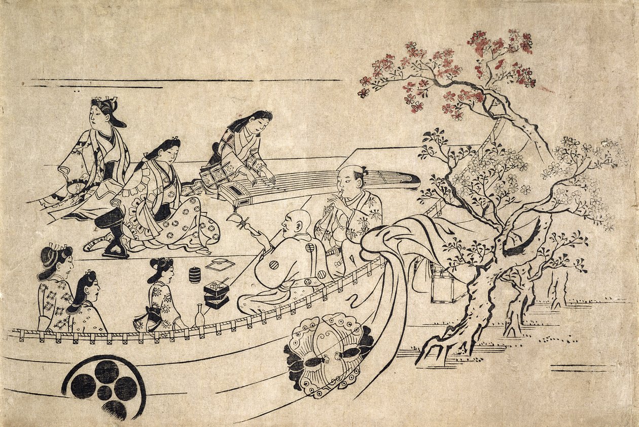 Musik unter dem Kirschbaum in Ueno, ca. 1680 (Holzschnitt) von Hishikawa Moronobu