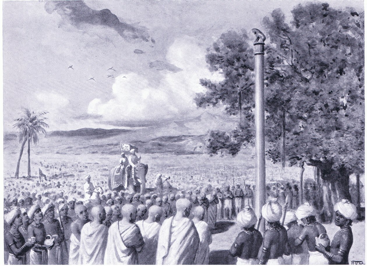 Asokas Missionare errichten eine Edikt-Säule in Lauriya Nandangarh 244 v. Chr. von Horace van Ruith