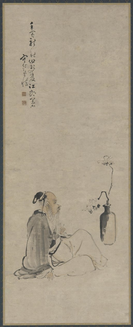Alter Mann, der auf Magnolienzweige in einer Vase blickt, Qing-Dynastie, 1722 von Huang Shen