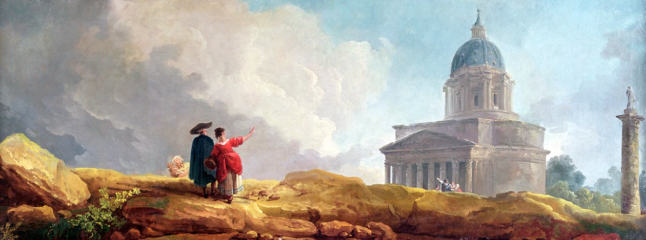 Eine Kirche, die einem Reisenden in einer weiten Landschaft gezeigt wird von Hubert Robert
