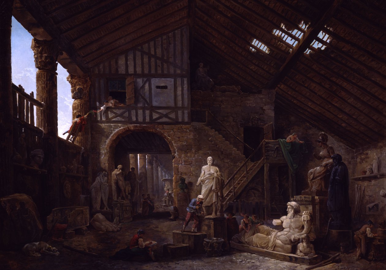 Studio eines Antiquitätenrestaurators in Rom von Hubert Robert