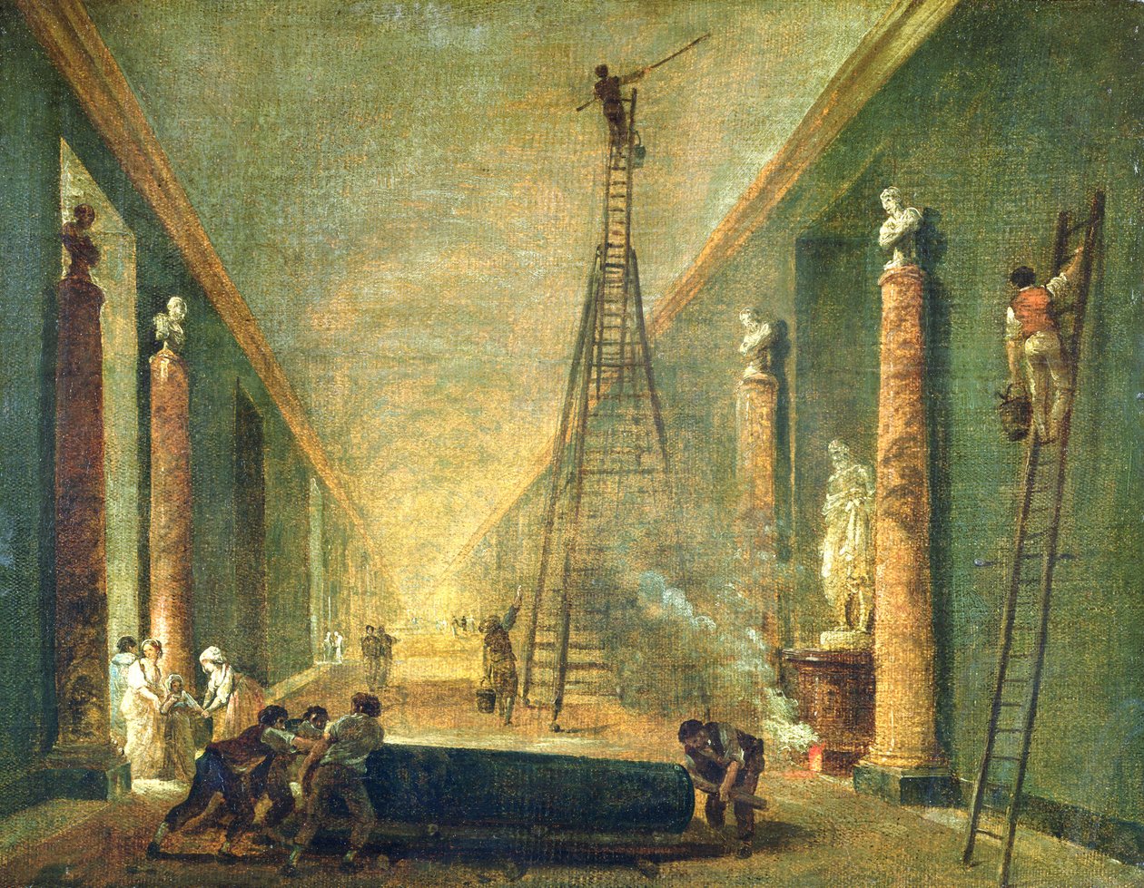Ansicht der Großen Galerie des Louvre während der Restaurierung, 1798-99 von Hubert Robert