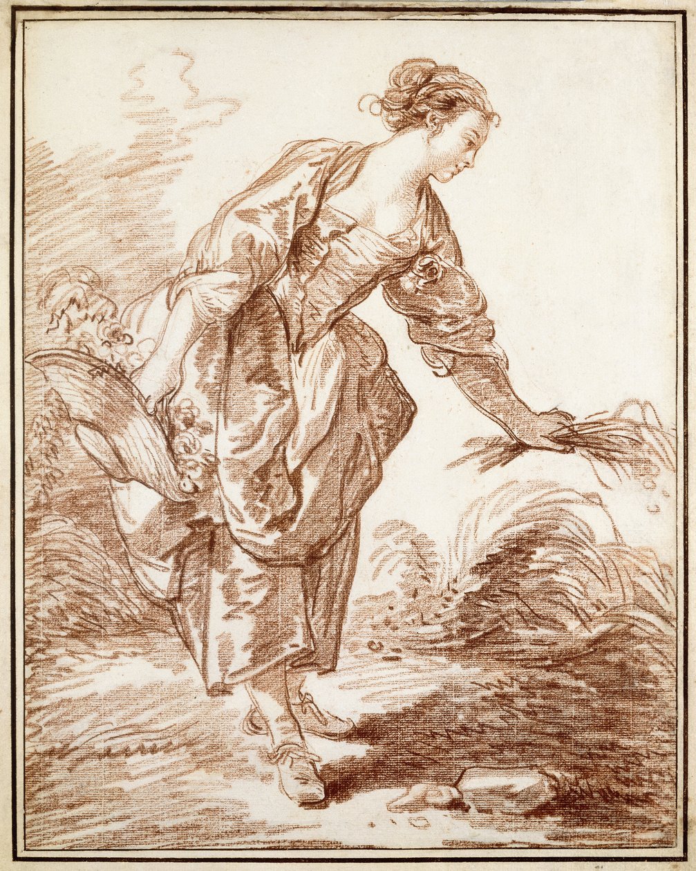 Eine Schäferin pflückt Blumen von Hubert Robert
