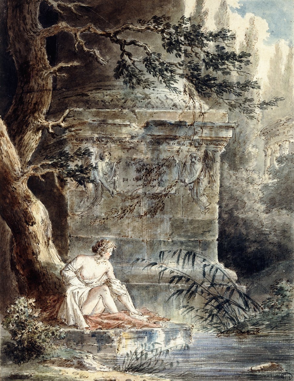 Ein junger Badender nahe einer Säule von Hubert Robert