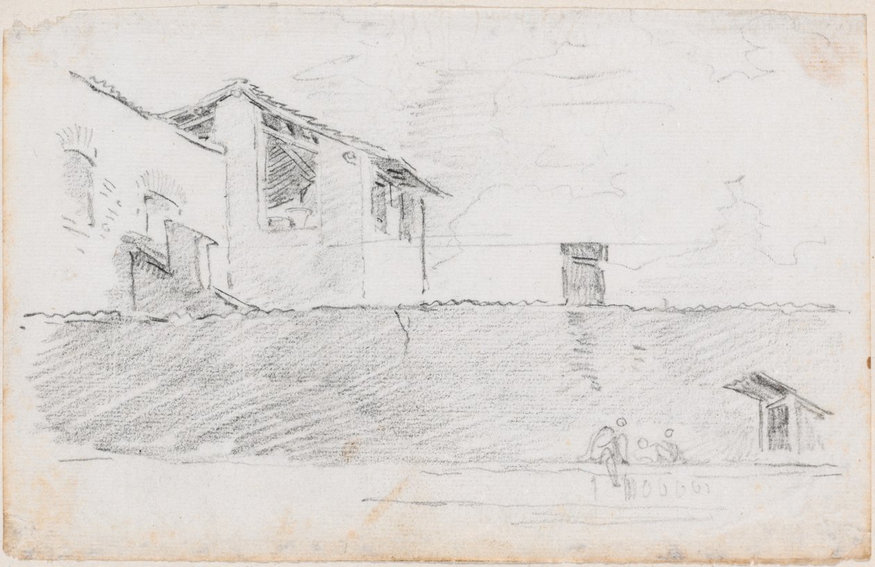 Hausdächer hinter einer Mauer von Hubert Robert