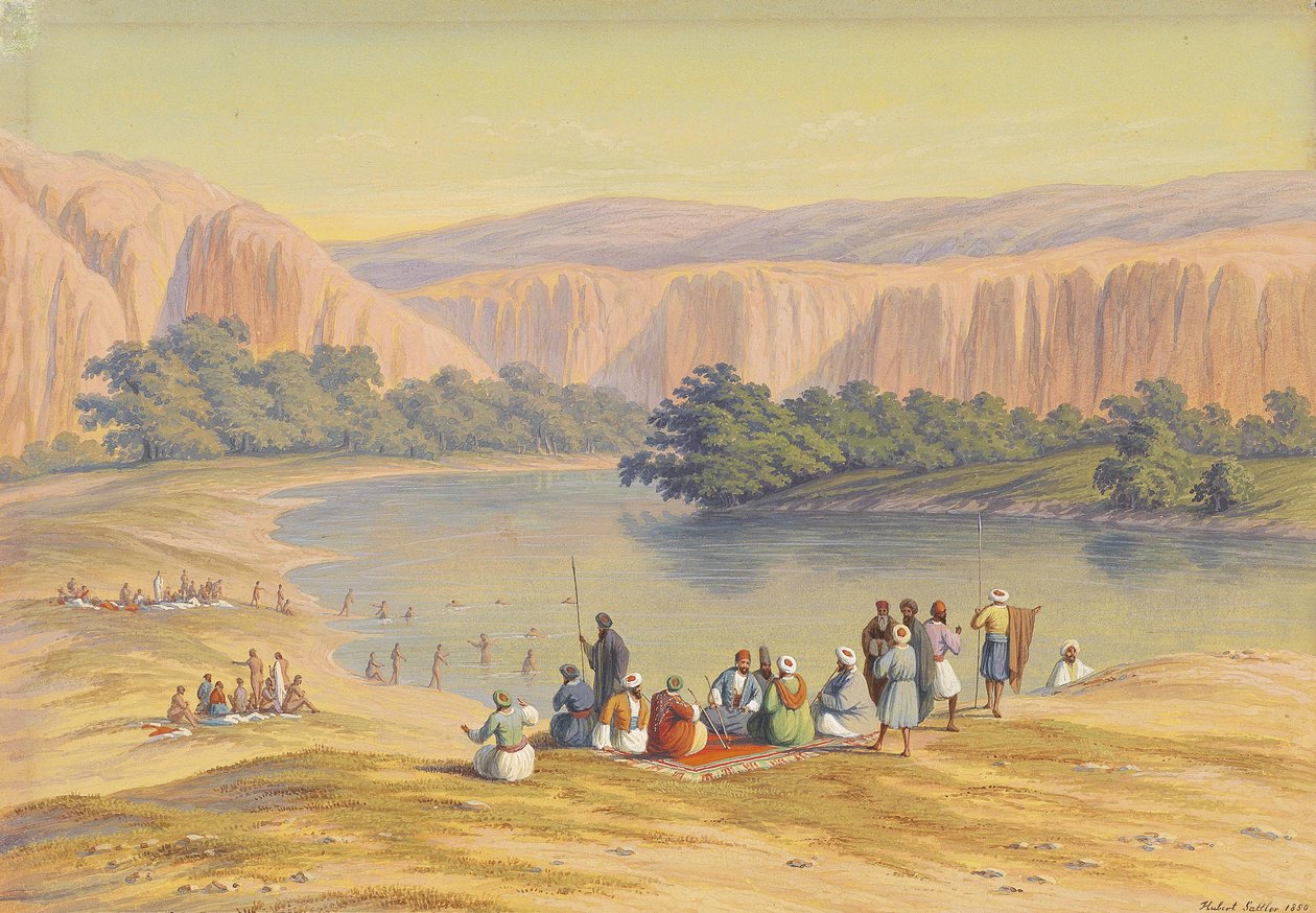 Badeszene mit Orientalen an einem Binnensee von Hubert Sattler