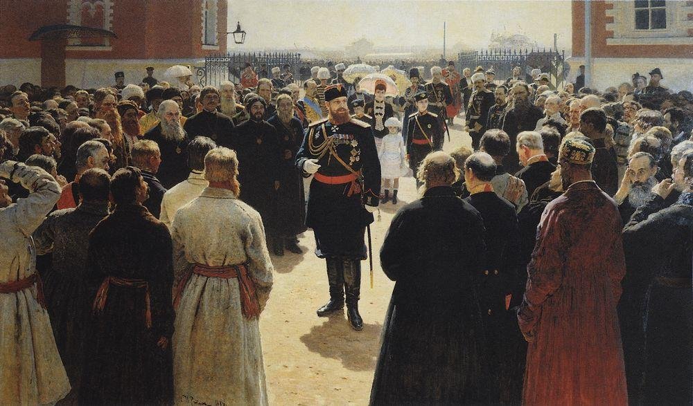 Alexander III. empfängt Landälteste im Hof des Petrowski-Palastes in Moskau von Ilya Efimovich Repin