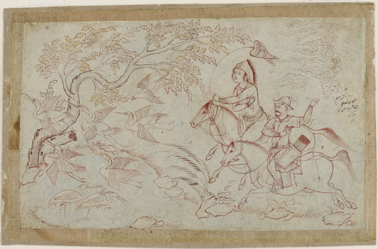 Zwei Reiter auf der Jagd mit einem Falken, 1640er von Iranian School