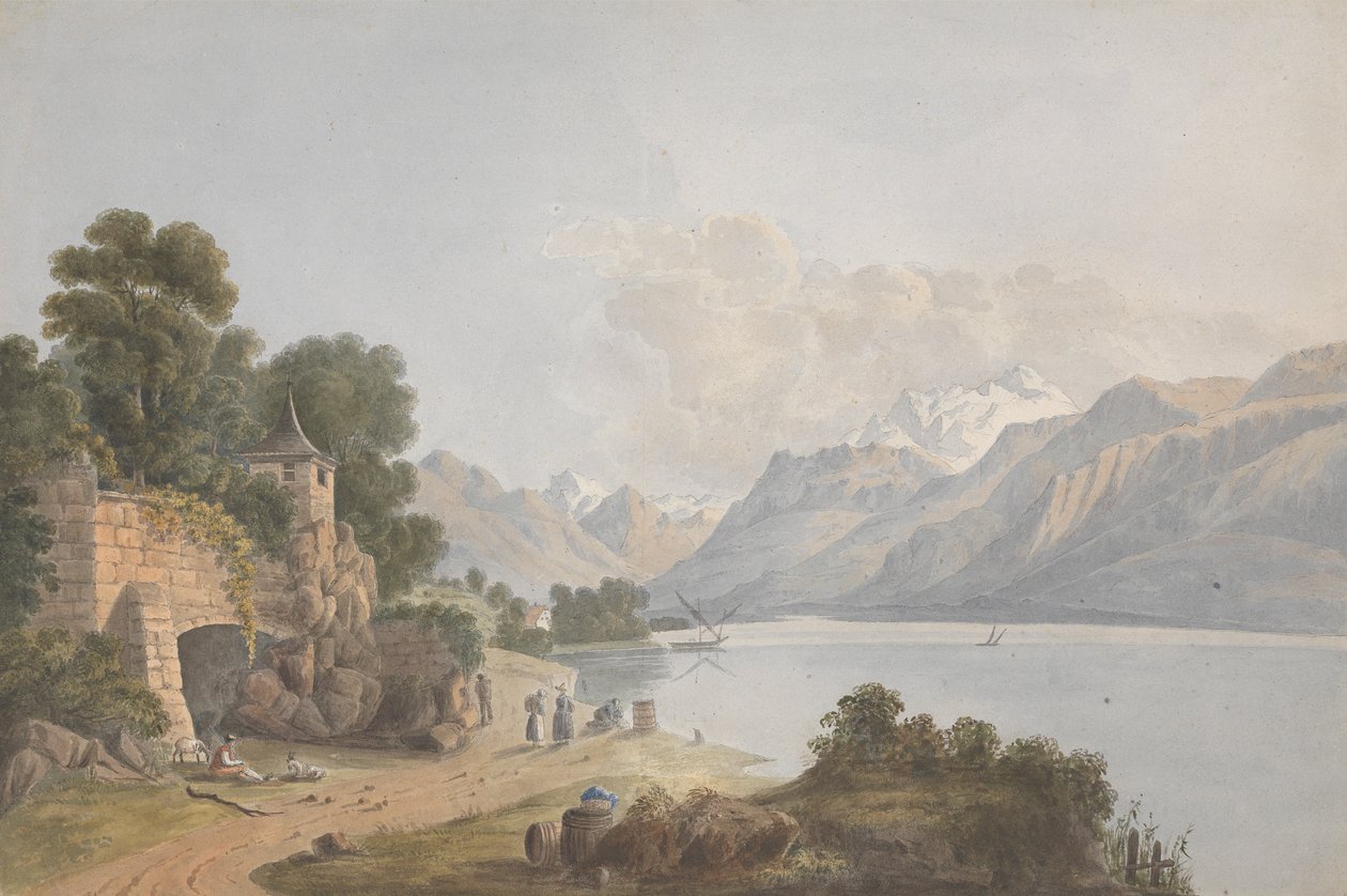 Gebirgige Landschaft mit See, Tor und Figuren von Isaac Weld