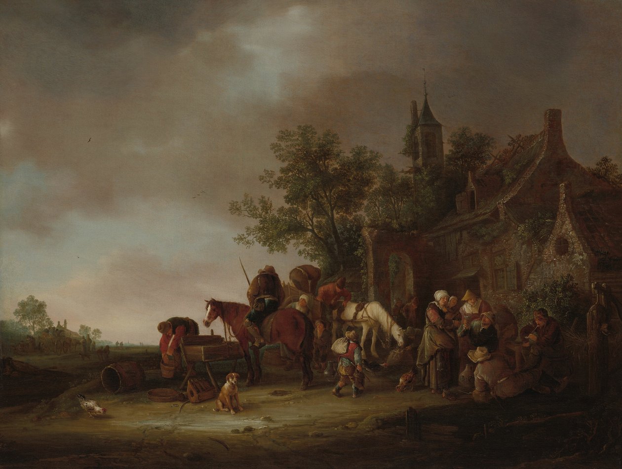 Reisende halten an einem Gasthaus von Isaac van Ostade