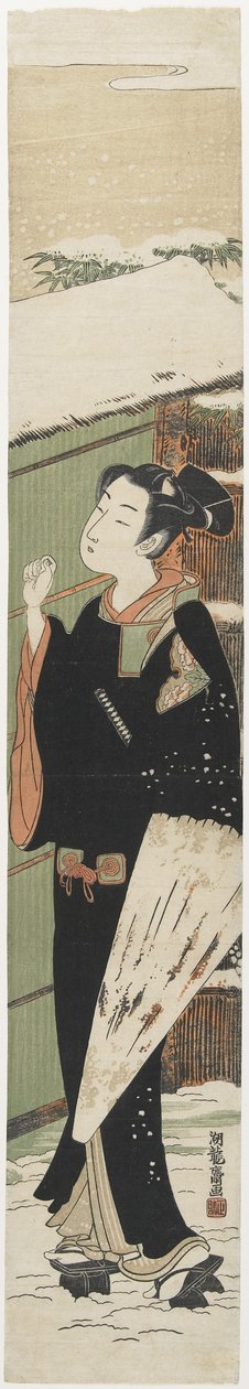 Junger Mann an einem Tor als Mitate des Kabuki-Stücks Frauen-Version des Topfbaums, 1770-1775 von Isoda Koryusai