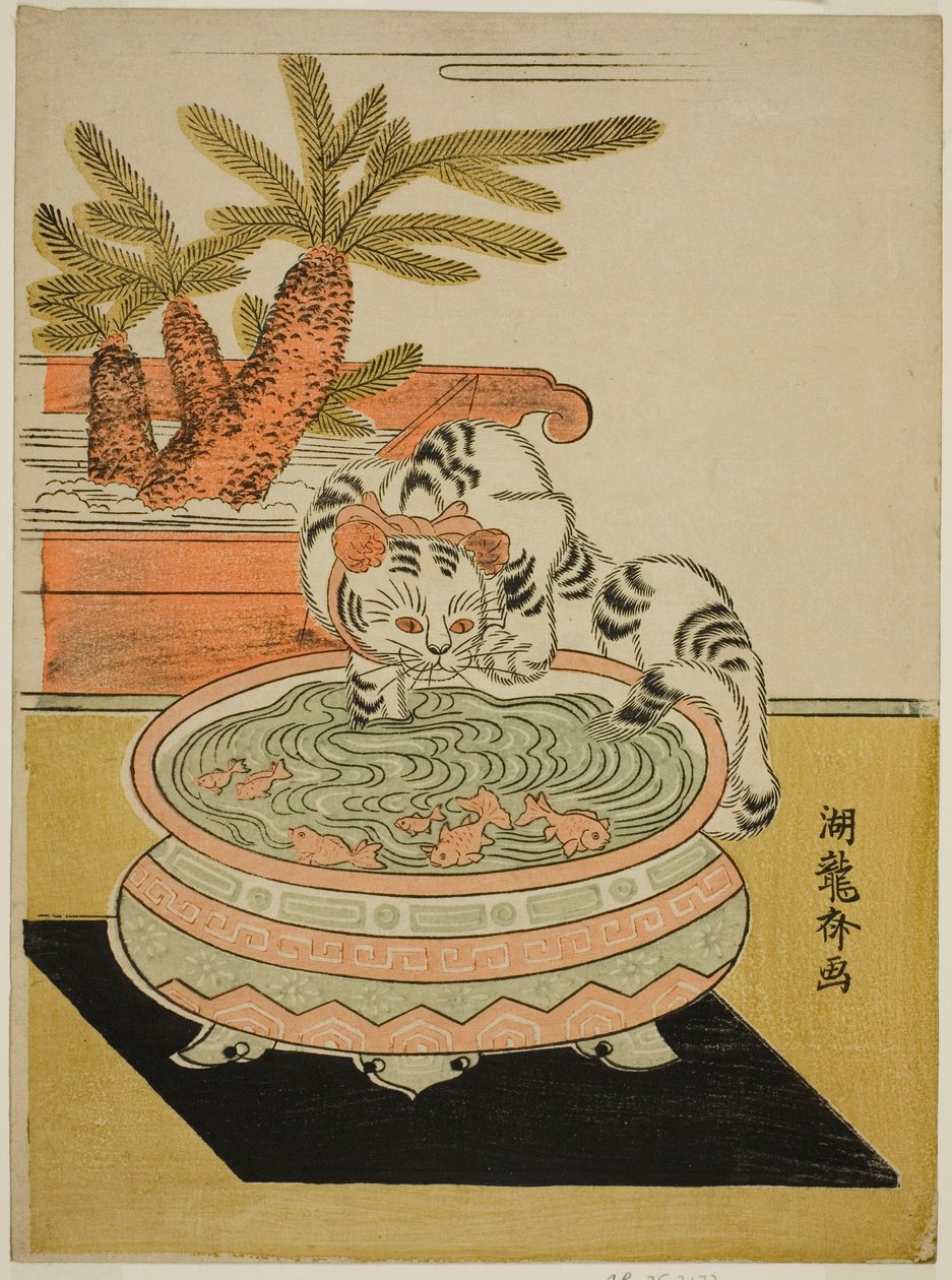 Katze, die nach Goldfischen greift von Isoda Koryusai