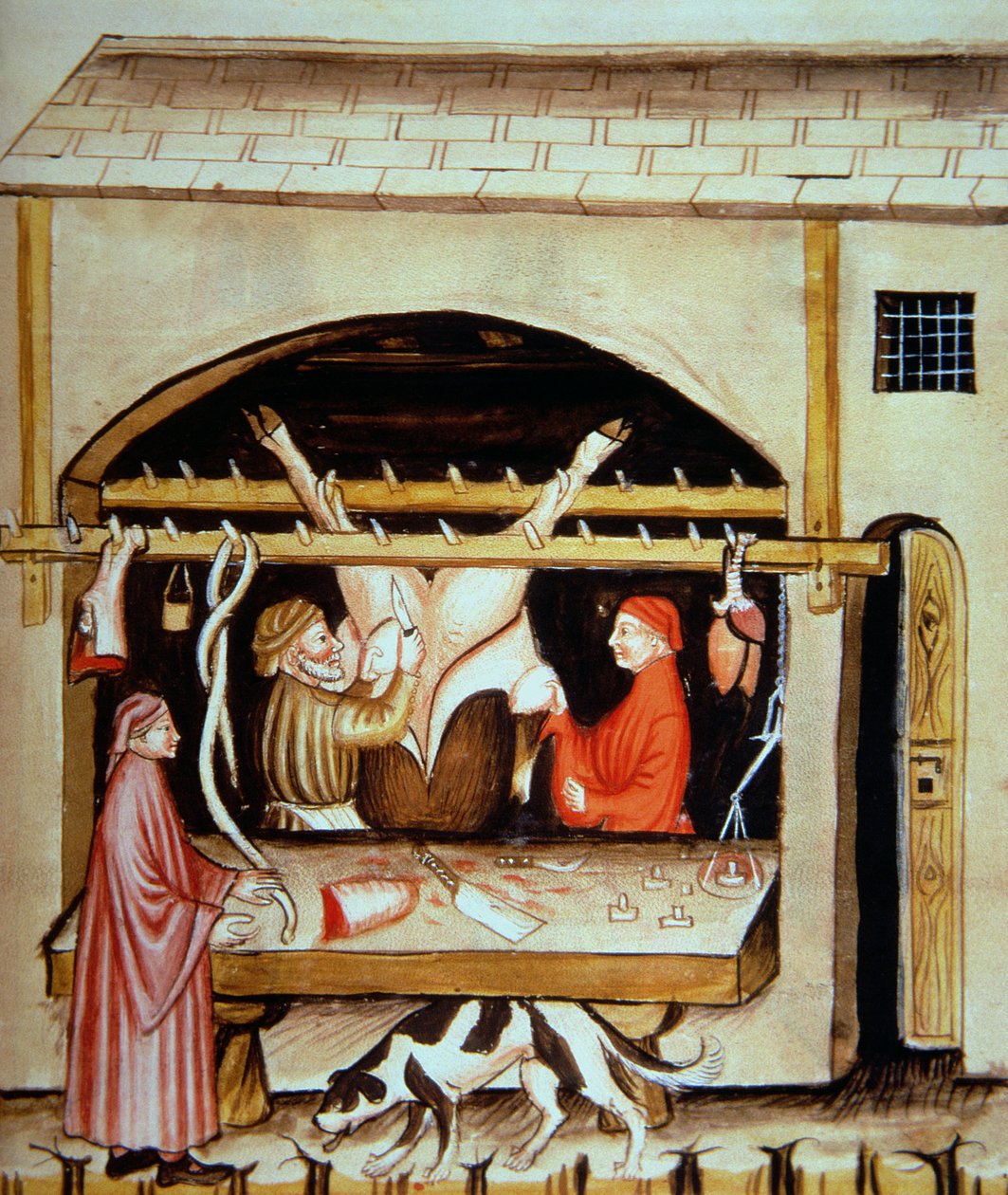 Nova 2644 fol.79r Die Metzger: Entfernen der Euter, aus Tacuinum Sanitatis von Italian School
