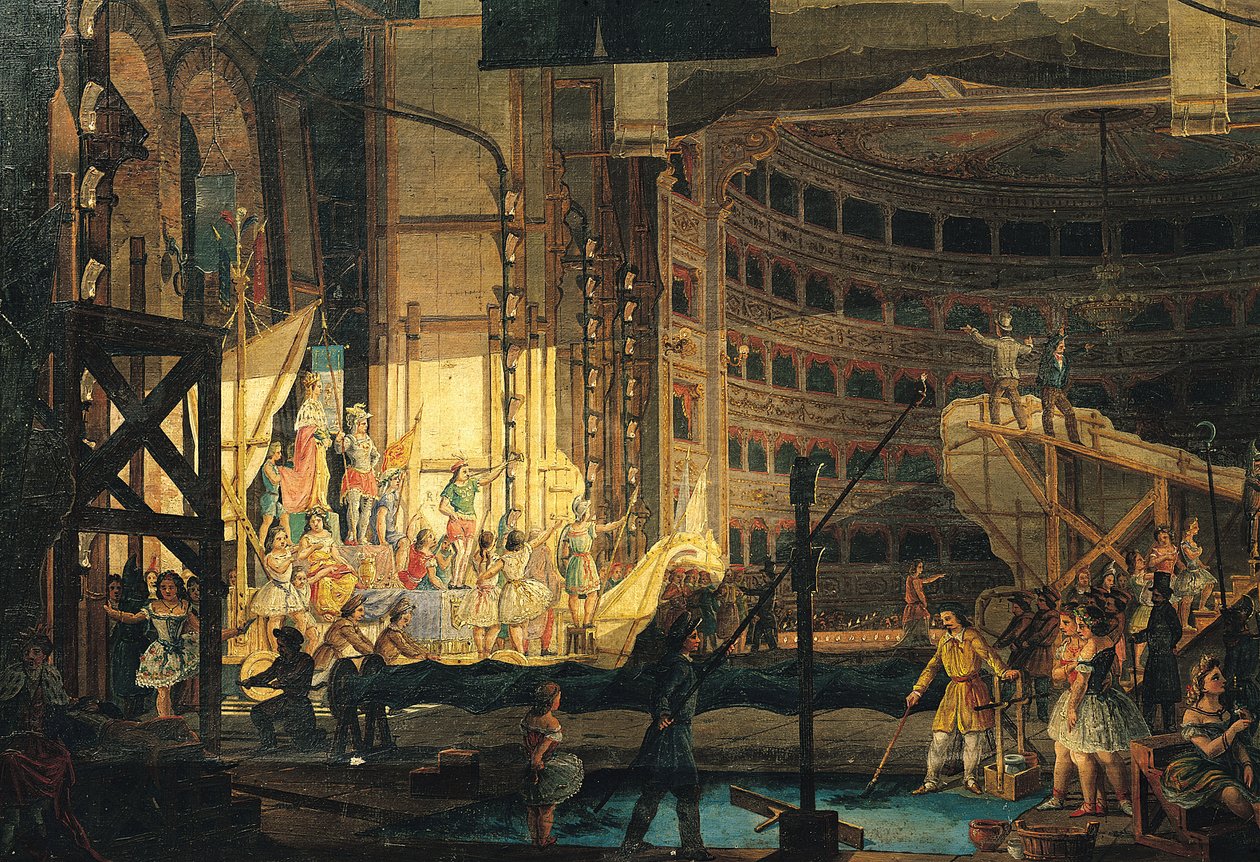 Vorbereitung der Kulissen in einem Theater von Italian School