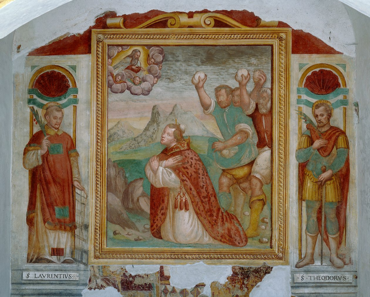 Das Martyrium des Heiligen Stephanus zwischen den Heiligen Laurentius und Theodor von Italian School