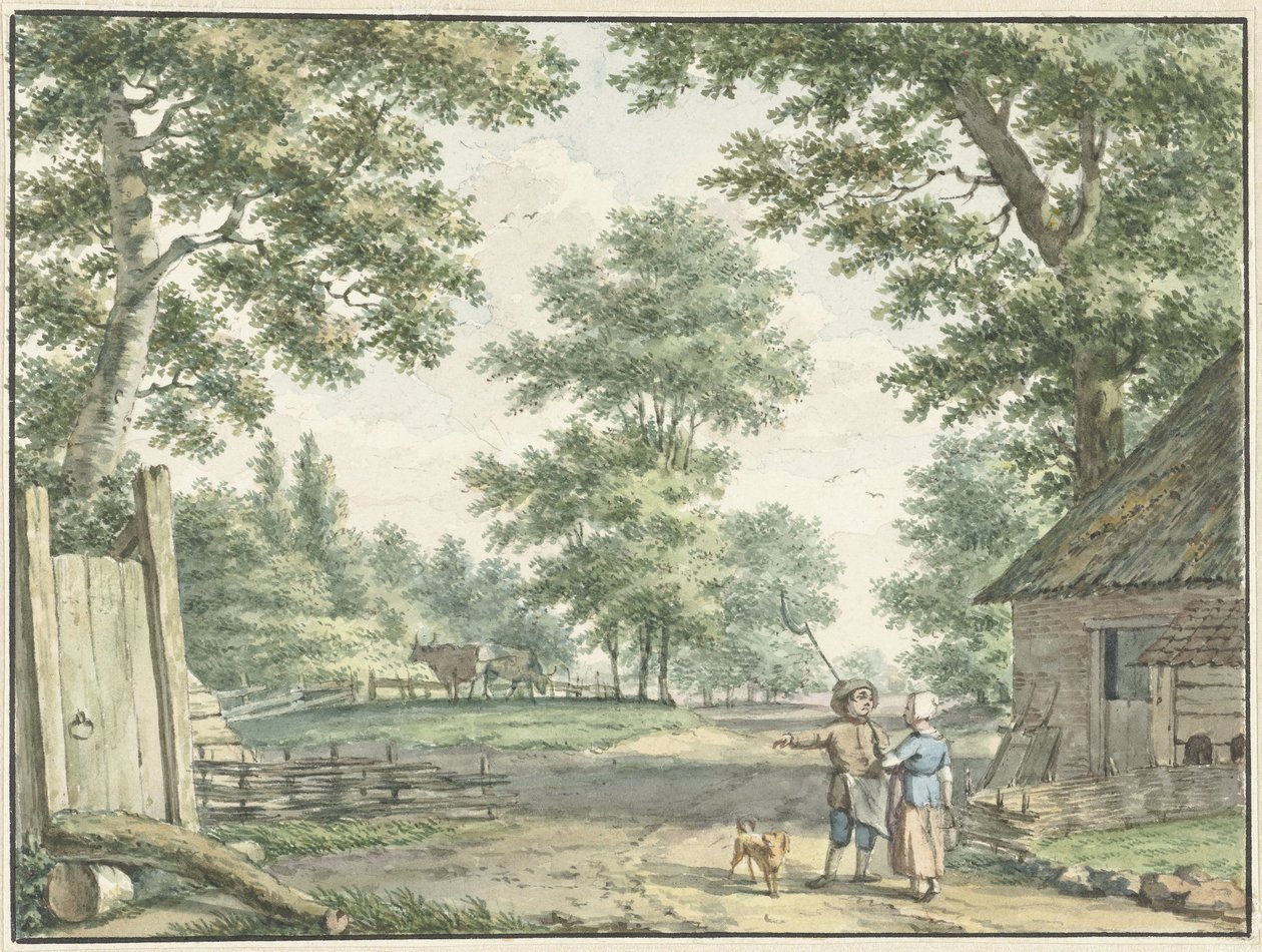 Landschaft mit zwei Personen bei einem Bauernhaus von Izaak Schmidt