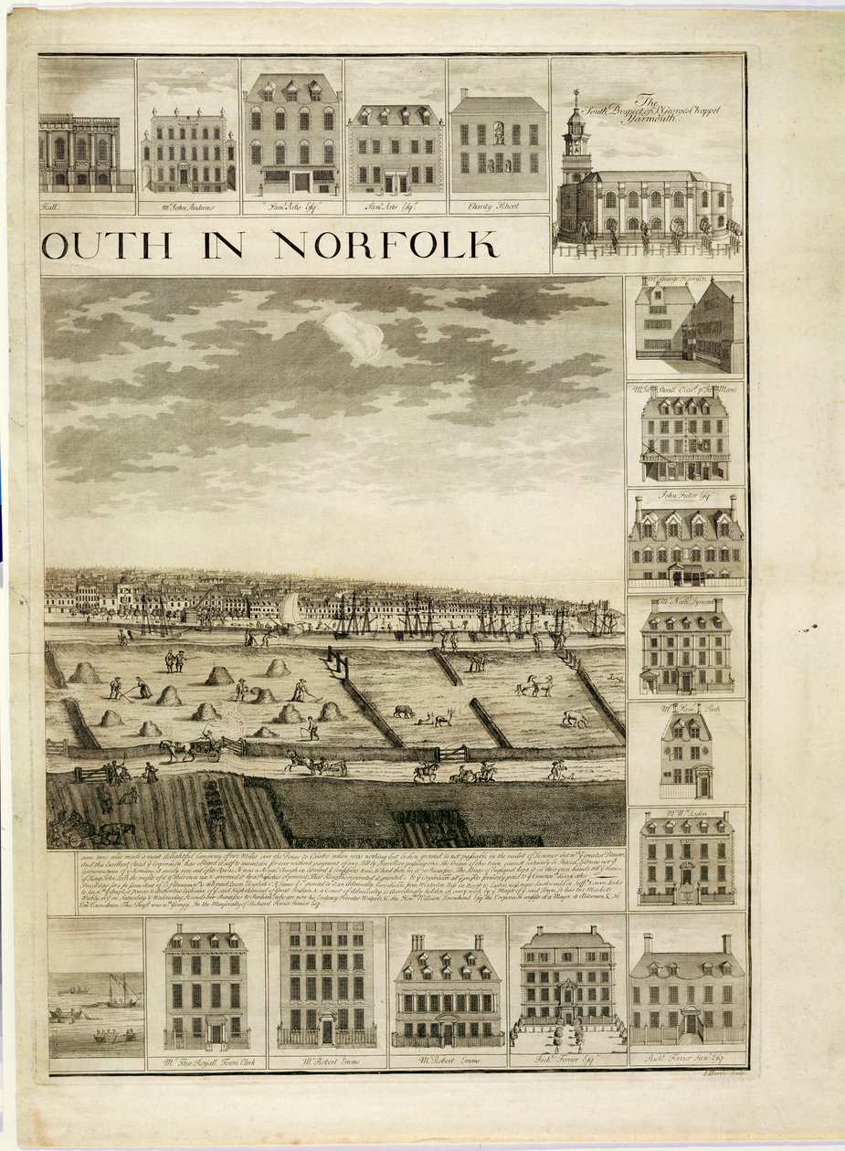 Die Westansicht der Stadt Great Yarmouth in Norfolk, graviert von John Harris (fl.1686-1740) von J. Corbridge